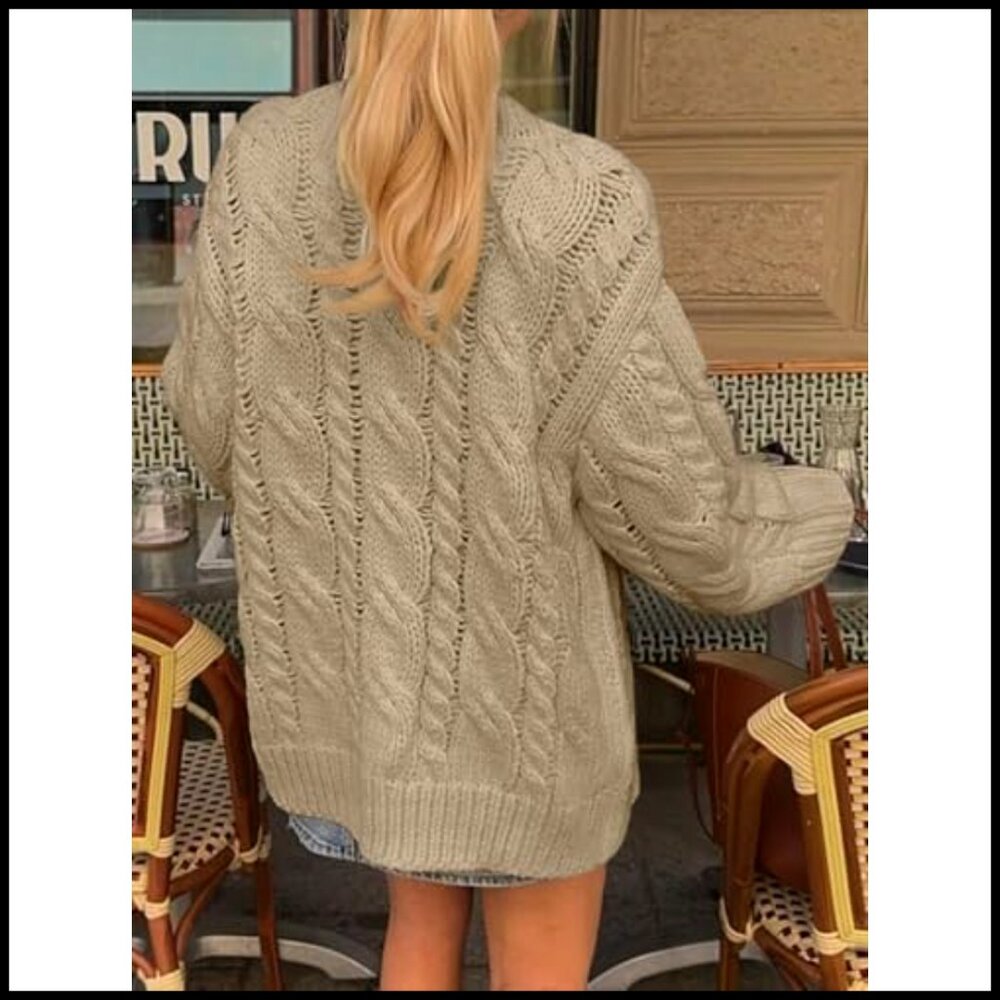 Chunky Cable Knit Cardigan Sweater Dress, Oversized Fit, Warm Winter Wear - Picture 5 of 7
